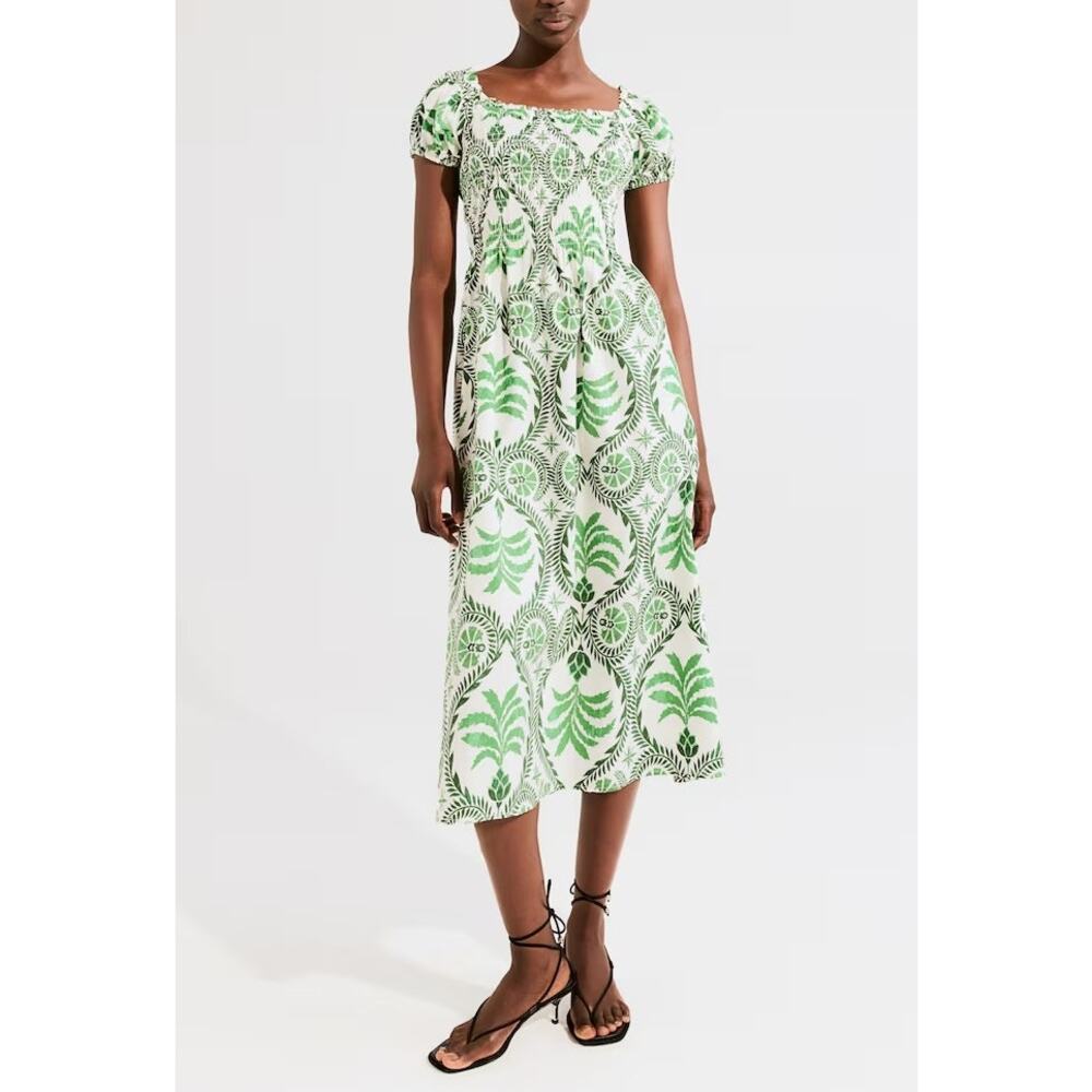 H&M White Midi Dress with Green Botanical Print